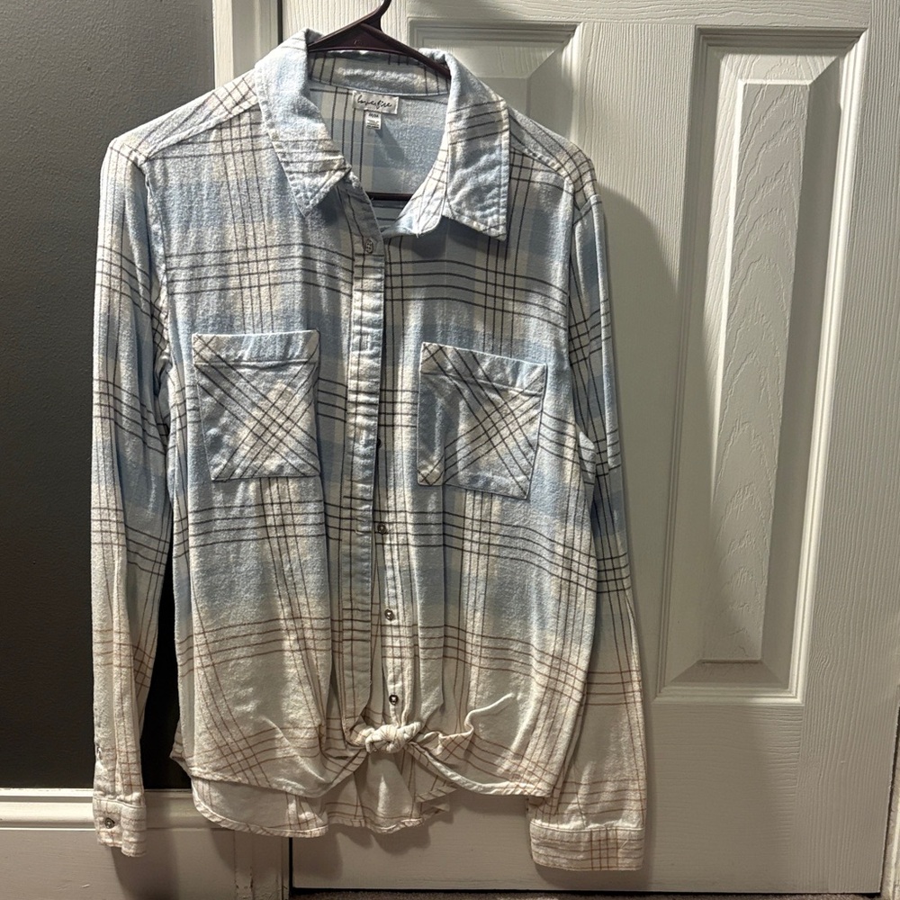 love, Fire Blue and White Plaid Button Down Shirt